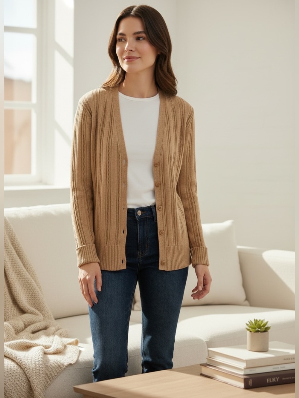Lauren Ralph Lauren camel Color button front long sleeve cardigan sweater large